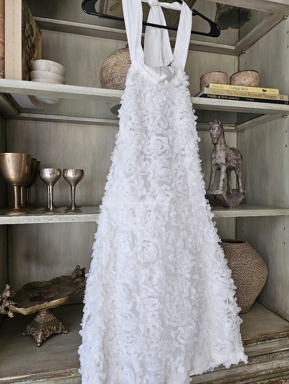 FAERIESTY Floral Appliqué White Ribbon Neck Halter Midi Dress - Picture 4 of 8